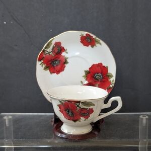 GRACIE BONE CHINA RED POPPY PAINTED TEA CUP & SAUCER